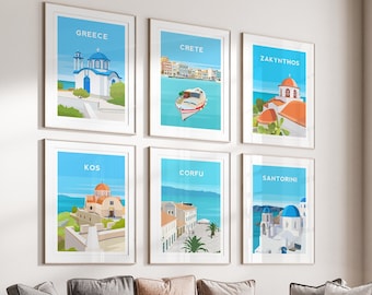 May include: Six framed prints of Greek islands, each featuring a different island and a blue and white church or building. The islands are Greece, Crete, Zakynthos, Kos, Corfu, and Santorini.
