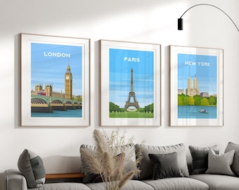 London, Paris and New York Print Set of 3, City Travel Poster Wall Art