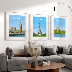 Juego de 3 impresiones de Londres, París y Nueva York: póster de viaje urbano para pared