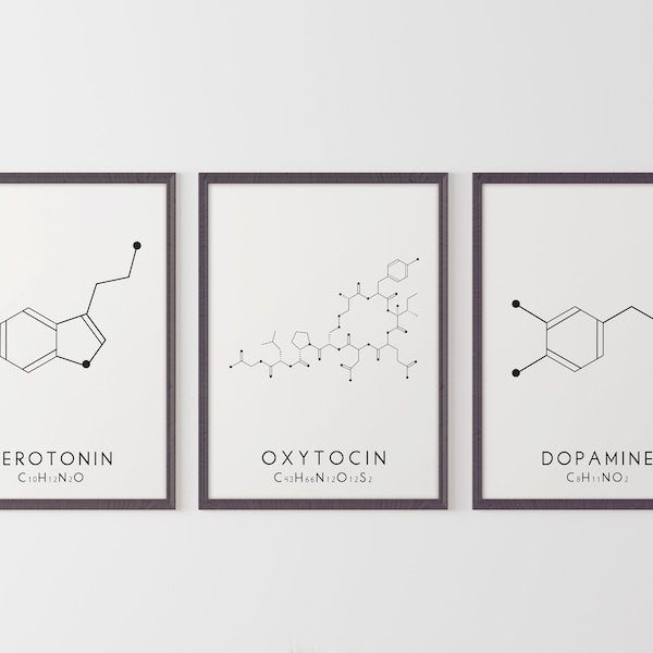 Molecule Printable Art Set - 3 Serotonin, Oxytocin & Dopamine Digital Print - Molecular Structure Chemistry Printable - Instant Download