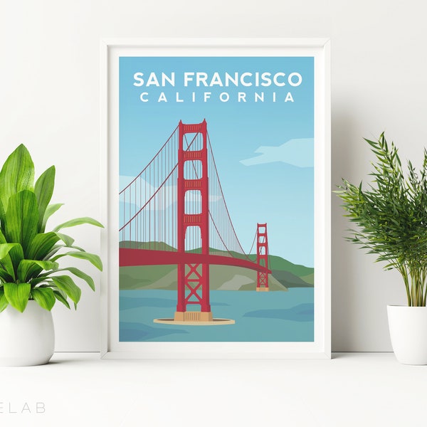 Golden Gate Bridge Print, California Travel Print, San Francisco Poster Illustration, America Wall Decor, San Francisco Landmark Wall Art