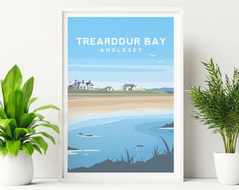 Trearddur Bay Anglesey Print, North Wales Wall Art, Anglesey Beach Illustration Poster, Coastal Wall Decor