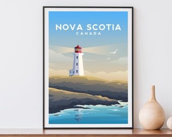 May include: A vintage travel poster featuring a white lighthouse with a red roof on a rocky coastline. The poster has the text "NOVA SCOTIA CANADA" at the top.
