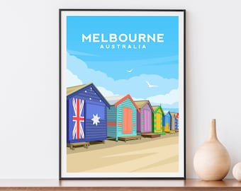 May include: A colorful illustration of beach huts with the text "MELBOURNE AUSTRALIA" at the top. The huts are painted in various colors, including blue, green, pink, yellow, and orange. The huts are lined up in a row on a sandy beach.