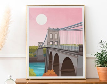 Menai Bridge Print | Pink Anglesey Wales Wall Art - Snowdonia Landscape Travel Poster
