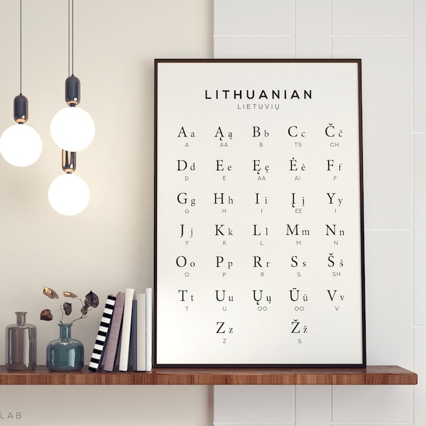 Lithuanian Alphabet Printable Art, Lithuania Digital Print, Language Learning Chart, Black & White Wall Art, Printable Instant Download