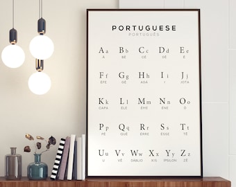 Utskrivbar konst med portugisiska alfabetet, digitalt tryck med portugisiska språkdiagram, svartvit väggkonst, utskrivbar direktnedladdning
