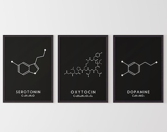 Molecule Printable Art Set - 3 Serotonin, Oxytocin & Dopamine Digital Print - Molecular Structure Chemistry Printable - Instant Download