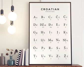 Chorwacki alfabet do druku, chorwacki druk cyfrowy, czarno-biała sztuka ścienna, plakat do druku w Chorwacji - natychmiastowe pobranie