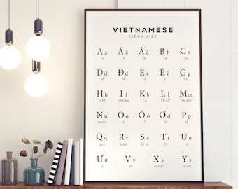 Op de afbeelding: Een zwart-witte poster met het Vietnamese alfabet, getiteld "Vietnamees Tiếng Việt". De poster hangt aan een witte muur met een houten plank eronder. Er hangen drie lampen boven de plank.