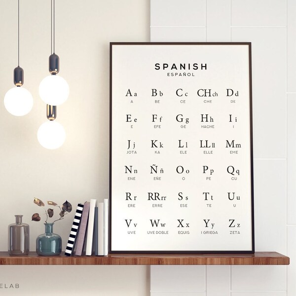 Spanish Alphabet Printable Art, Espanol Language Chart Digital Print, Black & White Wall Art, Printable Instant Download