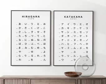 Hiragana And Katakana Japanese Alphabet Print Set, Hiragana Wall Art, Japanese Language Chart, Japan Poster Wall Decor