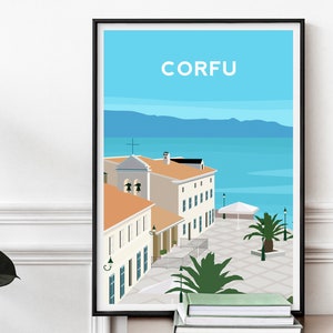 Corfu Art Print, Greece Travel Print, Greek Island Poster, Corfu Wall Decor, Holiday Corfu Illustration, Holiday Greek Landscape Wall Art