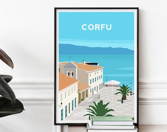 Corfu Art Print, Greece Travel Print, Greek Island Poster, Corfu Wall Decor, Holiday Corfu Illustration, Holiday Greek Landscape Wall Art
