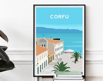 May include: A framed art print featuring a stylized illustration of Corfu, Greece. The artwork depicts buildings with orange roofs, a blue sea, and the word "CORFU" in white text against a light blue sky. Palm trees and a plaza are also visible.