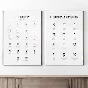 Hebräisches Alphabet und Zahlen Print 2er Set | Schwarz & Weiß Sprachlern Wandkunst - Lerntafel Poster