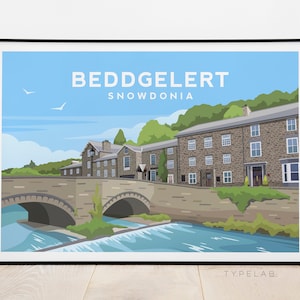 Beddgelert Print, Wales Travel Wall Art, Snowdonia Poster, Beddgelert Bridge Illustration, Gwynedd Wall Decor