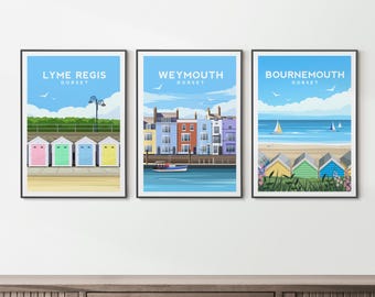 Set of 3 Dorset Travel Prints | South England Beach Hut Wall Art