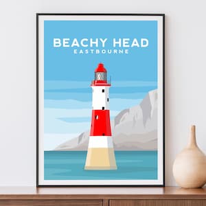 Lámina artística de Beachy Head / Póster de viaje a Eastbourne - Arte mural del faro de East Sussex