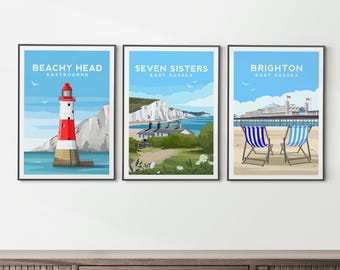 East Sussex Travel Print Set of 3 | English Coastal Wall Art