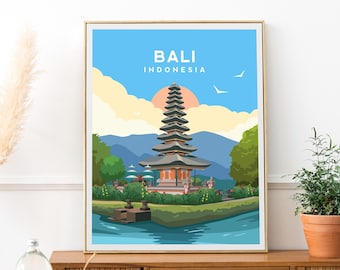 Bali Indonesia Art Print | East Asian Travel Poster - Ulun Danu Temple Landscape Wall Art