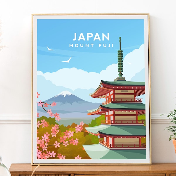 Japan Mount Fuji Print | Japanese Pagoda Travel Poster - East Asia Wall Art