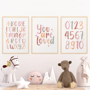 Nursery Alphabet and Number Print Set of 3, Neutral Educational Wall Art, Language and Counting Charts for Kids Room