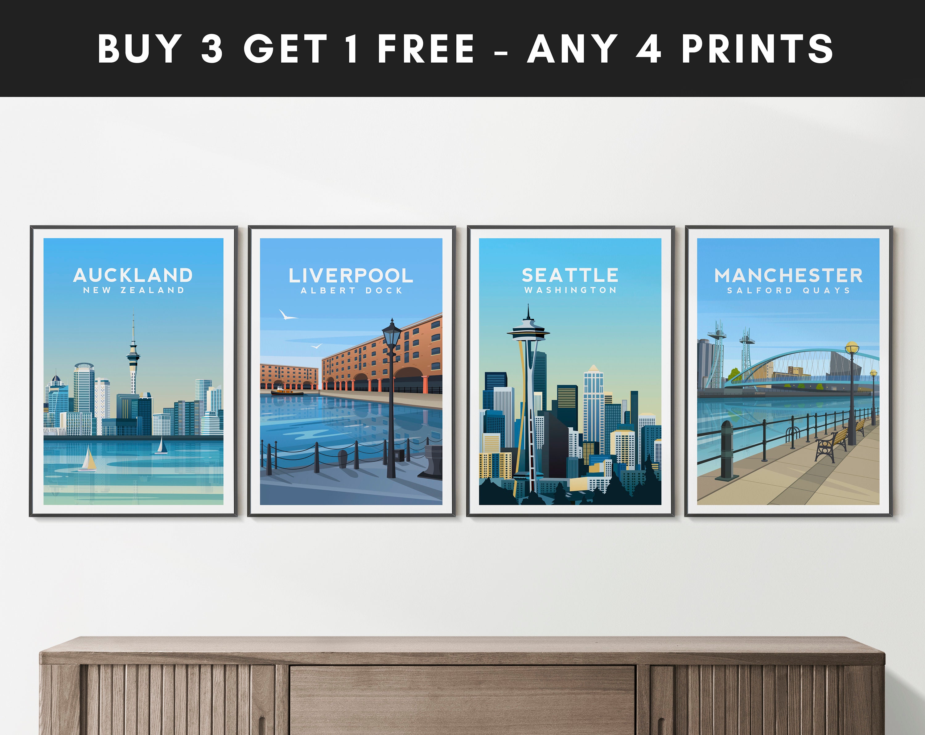 Travel Poster Art Print Set, Choose Any 4 Travel Prints, Mix and Match Illustration, British Travel Wall Decor, Travel Wall Art
