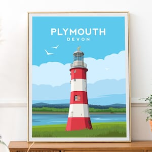 May include: A red and white striped lighthouse with a blue roof against a blue sky with white clouds. The text "PLYMOUTH DEVON" is at the top of the image.