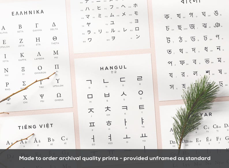May include: A set of alphabet charts featuring various languages, including Greek, Japanese, Korean, Bengali, and Vietnamese. Each chart displays the alphabet in black text on a white background.