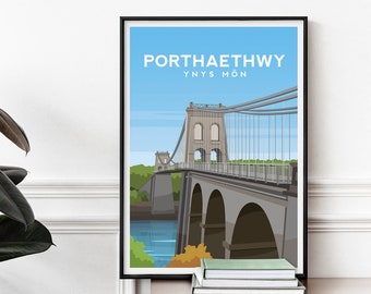 Menai Bridge Art Print, Welsh Language Porthaethwy Travel Poster, Anglesey Wales Landscape Wall Art