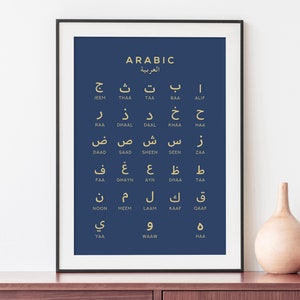 Arabic Alphabet Printable Art, Navy and Gold Arabic Language Learning Digital Print, Instant Download Poster