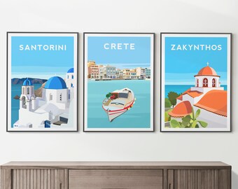 May include: Three framed illustrations of Greek islands. The first shows a white church with a blue dome on the island of Santorini. The second shows a boat in the water in front of a town on the island of Crete. The third shows a white church with an orange roof on the island of Zakynthos.