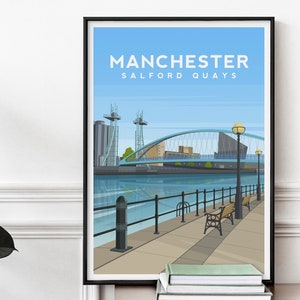 May include: A colorful illustration of the Manchester Salford Quays skyline, featuring a bridge, buildings, and a waterfront. The text "Manchester Salford Quays" is printed at the top of the image.