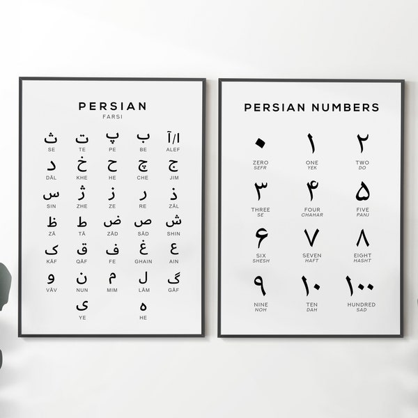 Persisches Alphabet und Zahl druckbare Kunst 2er-Set, Schwarz-Weiß-Druck Farsi-Wandkunst, digitaler Download Poster