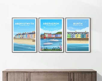 Ceredigion Wales 3 Print Set | Welsh Travel Wall Art - Aberystwyth, Aberaeron and Borth