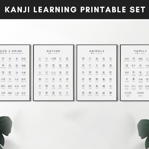 Japanese Kanji Printable Art Set of 4, Animals, Nature, Family, Food and Drink - Japan Language Learning Digital Prints, Instant Download