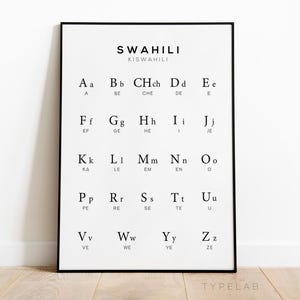 Póster con alfabeto suajili impreso o gráfico de aprendizaje de idiomas: arte mural educativo en blanco y negro