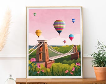 Bristol Art Print | Clifton Bridge Hot Air Balloon Wall Art - England Travel Poster