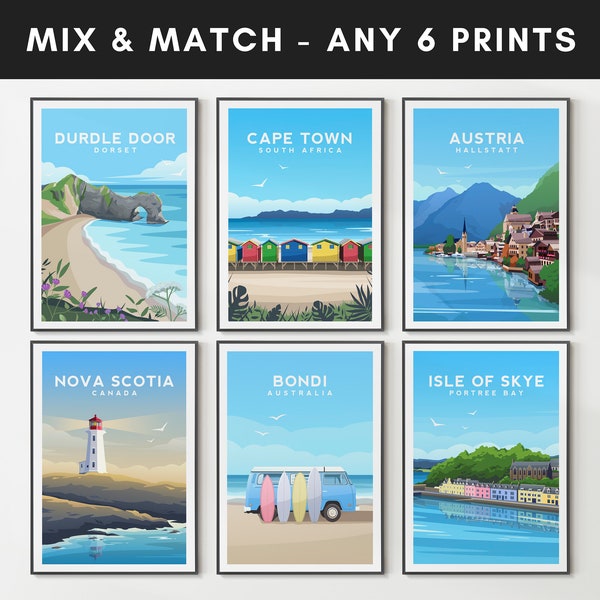 Travel Poster Art Print Set, Choose Any 6 Travel Prints, Mix and Match Illustration, British Travel Wall Decor, Travel Wall Art