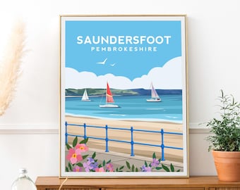 Saundersfoot Wales Print | Pembrokeshire Travel Poster - Beach Wall Art