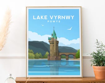 Lake Vyrnwy Art Print | Powys Wales Travel Poster - Welsh Landscape Wall Art
