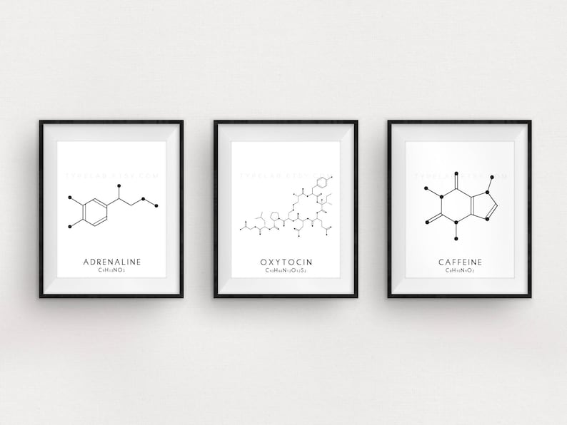 Molecule Printable Art Set 3 Caffeine, Oxytocin & Adrenaline Digital Print Molecular Structure Chemistry Printable Instant Download image 1
