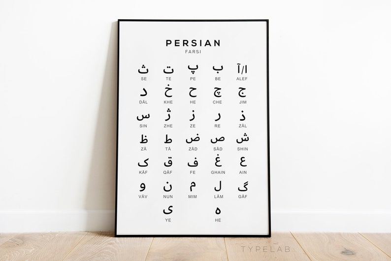 K&ouml;nnte beinhalten: Ein schwarz-wei&szlig;es Poster mit dem Titel "PERSIAN FARSI" und einer Tabelle des persischen Alphabets mit den Buchstaben in arabischer Schrift und ihrer entsprechenden englischen Transliteration.