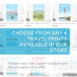 Puede incluir: Un banner azul con el texto "CHOOSE FROM ANY 4 TRAVEL PRINTS AVAILABLE IN OUR STORE" y el texto "Please note that custom locations are not included in this offer". Se muestran tres impresiones de viaje enmarcadas sobre el banner. Las impresiones son de Venecia, Italia y Long Beach Island, Nueva Jersey. Cada impresi&oacute;n tiene un precio de 10,00&nbsp;&euro;.