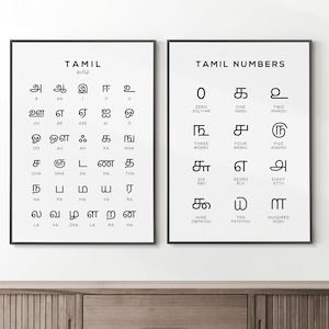 Tamil Alphabet und Zahlen Print-Set | Schwarz & Weiß Sprachlern Wandkunst - Lerntafel Poster