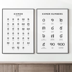 Set di 2 stampe con alfabeto e numeri Khmer / Arte murale in bianco e nero per l'apprendimento delle lingue - Poster con tabella educativa