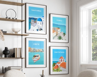 May include: Four framed prints of Greek islands, each with a different island name and a colorful illustration. The prints are hung on a white wall with a shelf above them.