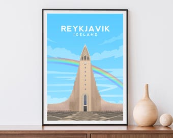 Reykjavik Print | Iceland Travel Poster - Hallgrimskirkja Cathedral Nordic Wall Art
