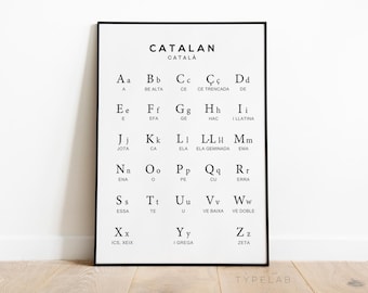 Catalan Alphabet Print | Language Learning Chart Poster - Black & White Educational Wall Art